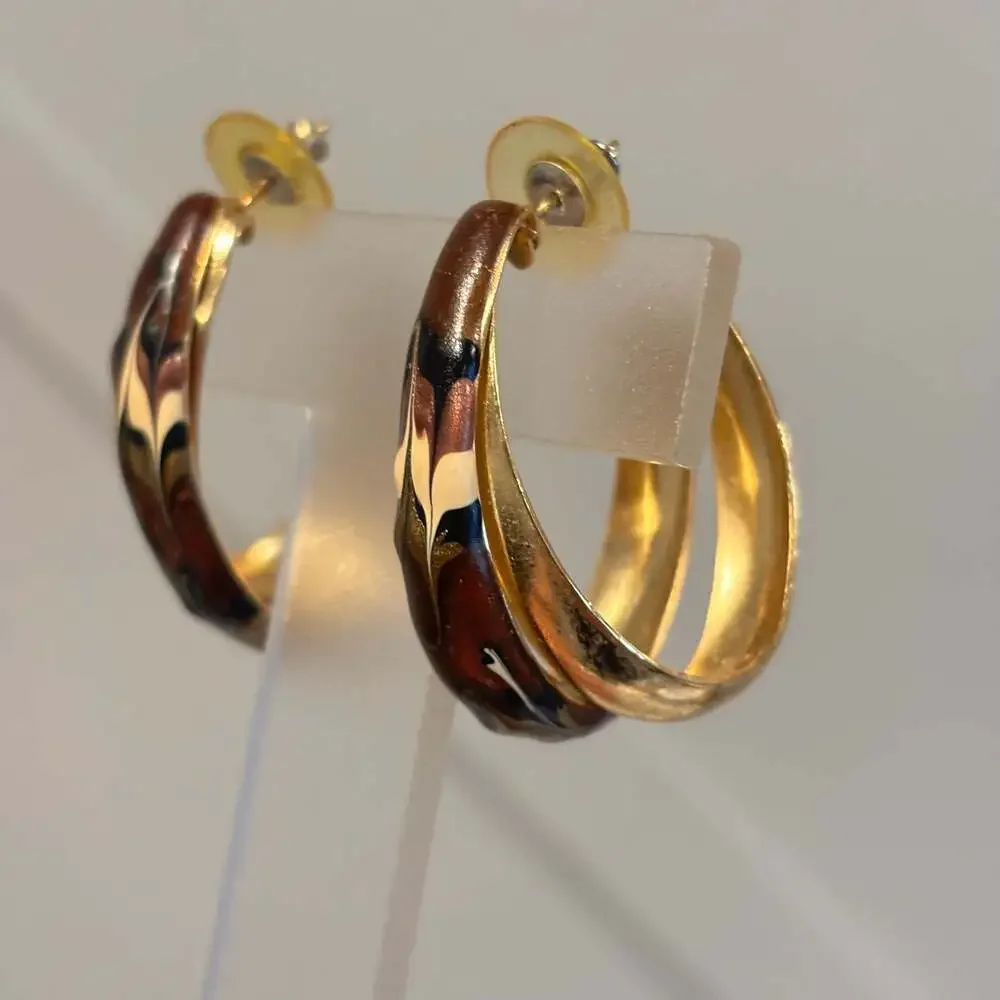 Vintage Gold Tone Earthy Colored Enamel Double Loop Half Hoop Pierced Earrings